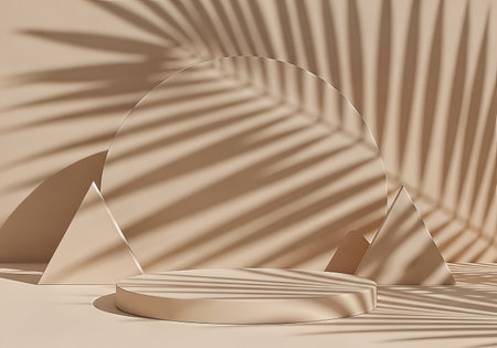 Modern 3D render of a product display in warm beige tones. A circular podium, arch, and triangles are adorned with striking palm leaf shadows, creating a sophisticated, natural, and minimalist aesthetic.の素材