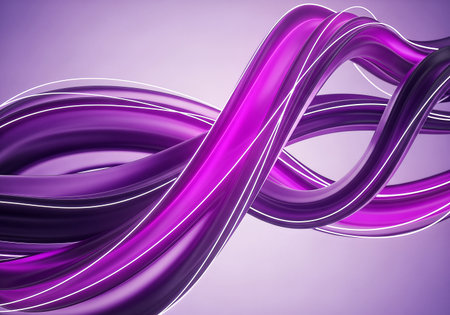A dynamic 3D rendering of intertwined purple and magenta ribbons flowing gracefully, accented by glowing white lines that trace their elegant, fluid curves on a soft lavender background.の素材