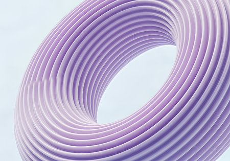 Abstract 3D render of a lavender torus with a smooth, ribbed surface. The soft lighting highlights the curves and depth, creating a visually appealing and modern design.の素材