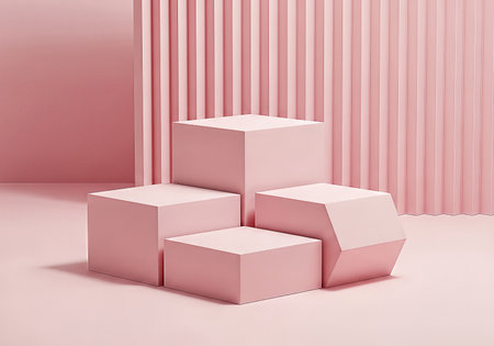 A minimalist composition featuring pink cubes arranged as a display platform against a background of vertical lines, creating a soft, geometric aesthetic with subtle shadows.の素材