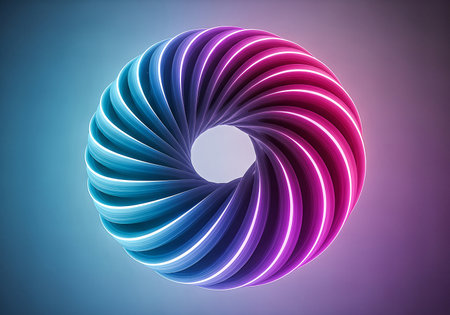 Abstract 3D render featuring a torus shape with a gradient from blue to magenta. Luminous white lines accentuate the curves, creating a modern, eye-catching design.の素材