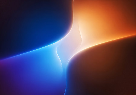 Dynamic abstract background with cool blue and warm orange gradients. Luminous wavy white lines create energetic flow, evoking a modern, futuristic, and technological mood.の素材