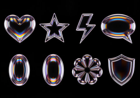 A modern set of eight 3D icons rendered in transparent glass, displaying vibrant rainbow refractions and chromatic aberration against a solid black background.の素材