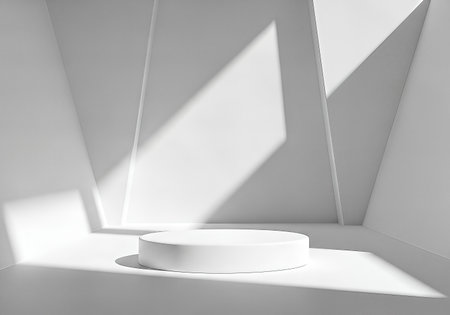 A clean, modern white pedestal sits in a stark, geometric room, bathed in dramatic light and shadow.の素材
