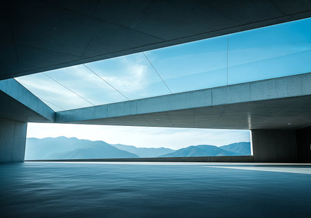 A contemporary concrete structure frames a scenic view of distant mountains under a clear sky, creating a sense of openness and architectural elegance.の素材