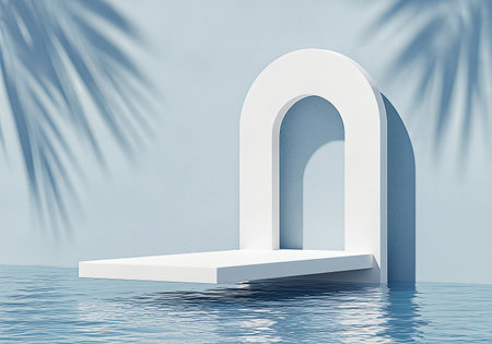 Elegant 3D scene with a white arch and floating podium in tranquil blue water. Palm shadows grace the background, creating a calm, tropical, minimalist aesthetic for product showcases.の素材
