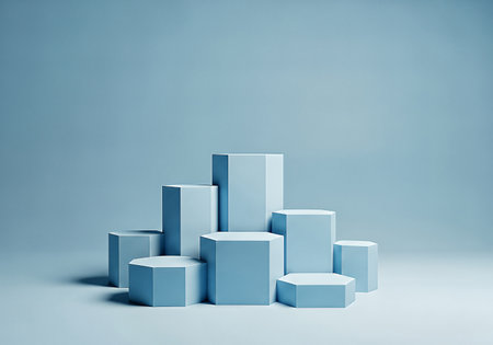 A minimalist 3D render of light blue hexagonal pedestals of varying heights, arranged on a matching surface. Soft lighting creates a serene, modern product display stage.の素材