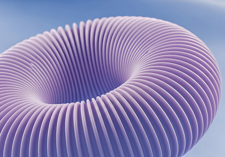 An elegant, ribbed torus in a delicate lilac hue is captured in a close-up view. Soft, diffuse light accentuates its rhythmic texture against a clean blue backdrop.の素材