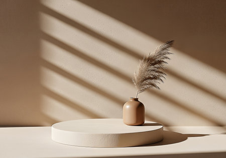 A serene, minimalist composition featuring a single pampas grass stem in a matte vase on a circular podium. Warm, natural light creates dramatic diagonal shadows on a textured wall.の素材