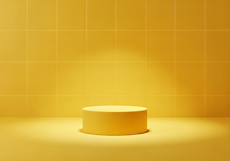 A minimalist 3D scene featuring a yellow cylindrical podium centered on a floor, illuminated by a soft spotlight. The background is a modern wall of clean, yellow square tiles.の素材