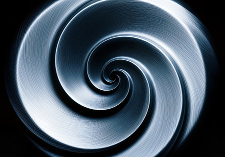 Abstract image featuring a metallic blue swirl pattern against a dark background. The vortex-like design creates a sense of depth and movement, enhanced by dynamic lighting.の素材