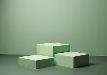 Three geometric cubes in varying heights and sizes are arranged on a textured, dark green surface against a soft sage green backdrop.の素材