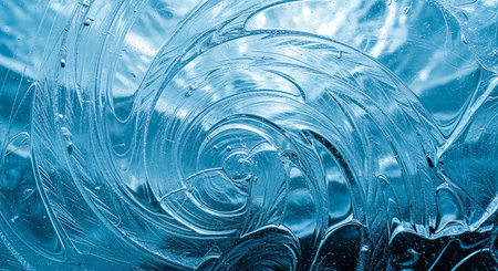 An abstract image showcasing a mesmerizing swirl of blue, glass-like textures. The composition features fluid lines and a sense of depth, creating a dynamic and artistic visual. The lighting highlights the intricate details and textures, evoking a sense of movement and fluidity.の素材