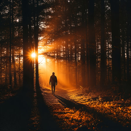 A lone figure walks a path through a dark forest, silhouetted against a brilliant golden sunset whose rays pierce the trees, creating a hopeful and atmospheric scene.の素材