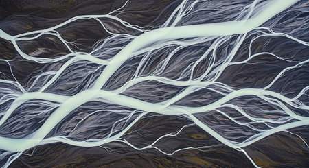 Striking aerial view of a braided glacial river in Iceland, showcasing intricate patterns of white water flowing through dark, textured terrain. The landscape creates an abstract, natural design.の素材