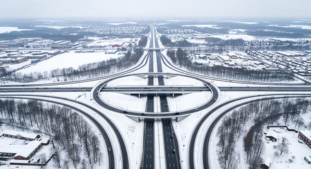 An aerial shot captures a highway interchange with a circular overpass, surrounded by snow-covered landscapes, trees, and buildings on a winter day. Cars move along the roads.の素材