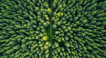 From directly above, a drone captures a narrow road cutting a symmetrical path through a vast, textured canopy of vibrant green coniferous trees. A tranquil, orderly scene.の素材