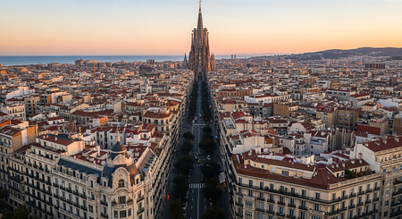 Stunning aerial view of Barcelona, Spain, showcasing the Sagrada Familia and a long avenue. The warm sunset light bathes the city in golden hues, highlighting the architecture and urban layout. The composition emphasizes symmetry and perspective.の素材