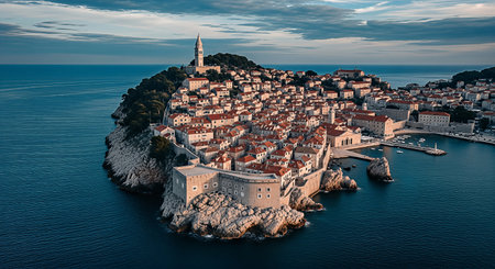 An aerial view showcases a stunning coastal town nestled on a rocky peninsula, surrounded by the deep blue sea. The town features red-tiled roofs, a prominent bell tower, and a fortified structure. The composition is enhanced by the soft, diffused lighting of the sky.の素材
