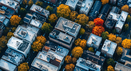 An aerial view captures a city in autumn, showcasing a blend of buildings and trees. The image highlights the contrast between the urban architecture and the vibrant foliage, with the warm colors of the trees creating a striking visual. The perspective offers a unique view of the city.の素材