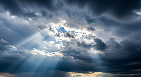 Dramatic sky scene featuring sun rays piercing through dark storm clouds, creating a hopeful and awe-inspiring atmosphere. The contrast between light and shadow is striking.の素材