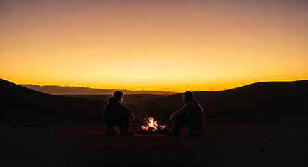 Two silhouetted figures share a quiet moment by a glowing campfire in a vast desert at sunset, with a warm, golden sky stretching over distant mountains.の素材