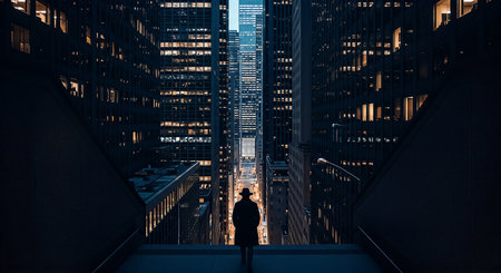 A lone, silhouetted figure in a hat and coat stands on a high vantage point, gazing down a deep urban canyon of illuminated skyscrapers at night, evoking mystery and solitude.の素材