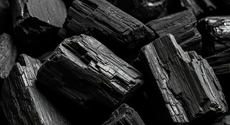 Close-up of raw black charcoal blocks, highlighting intricate wood grain texture and fractured surfaces. Dramatic lighting emphasizes the rough, natural material in a monochromatic palette, creating a powerful abstract visual.の素材