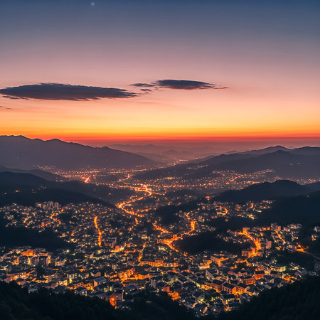 A high-angle shot captures a mountain town illuminated at dusk, with a colorful sky transitioning from orange to blue, and distant mountain silhouettes.の素材