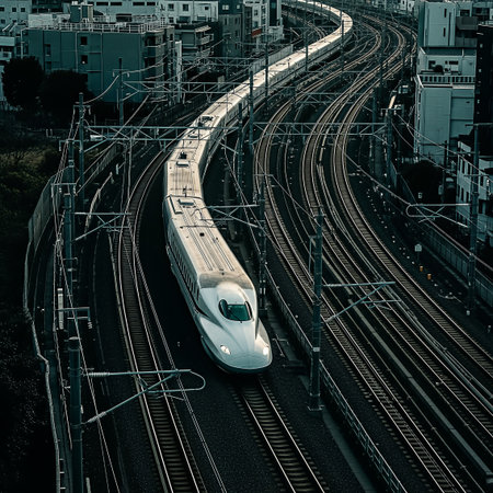 A sleek Japanese Shinkansen bullet train glides along multiple curving tracks through a dense urban landscape. The high-angle view emphasizes the complex railway infrastructure and modern city, bathed in soft, moody light.の素材