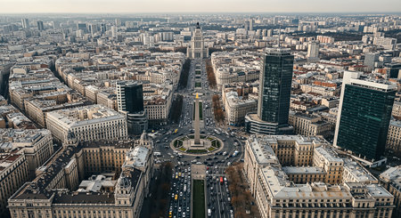 Expansive drone shot captures the heart of Buenos Aires, where the iconic Obelisco commands the Plaza de la RepÃºblica amidst the constant flow of traffic on Avenida 9 de Julio.の素材