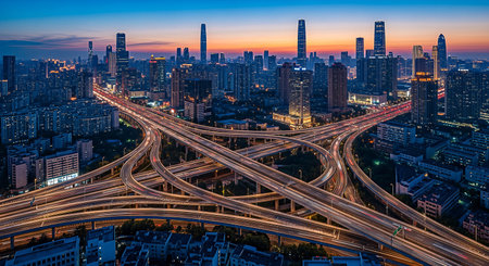 A stunning aerial view of a complex highway interchange at dusk. Long exposure captures light trails from moving vehicles. Skyscrapers and city lights illuminate the urban landscape. The sky transitions from blue to orange.の素材