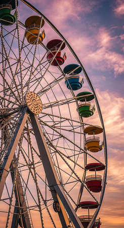 A low-angle shot of a Ferris wheel with colorful cabins against a pink and purple sky at dusk, creating a nostalgic and whimsical atmosphere.の素材
