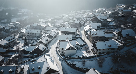 Atmospheric aerial view of a quiet European village blanketed in fresh snow. Morning sunlight pierces the mist, casting long, dramatic shadows across the winding streets.の素材