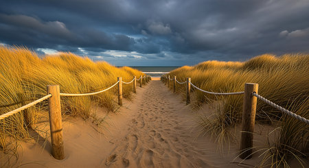 A serene beach path winds through golden dune grass towards the ocean under a dramatic, stormy sky. The path is lined with wooden posts and rope, leading to the horizon. The warm light contrasts with the dark clouds, creating a moody, atmospheric scene.の素材
