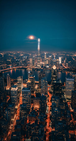 A breathtaking aerial view of Seoul at night. The iconic Lotte World Tower pierces the teal sky, perfectly aligned under a glowing full moon, as city lights blaze below.の素材
