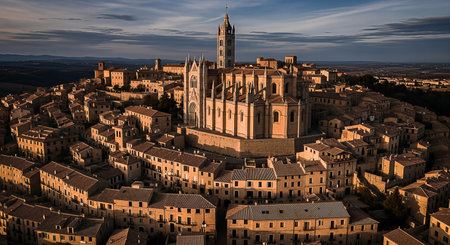 Aerial view of Siena, Italy, showcasing its grand Gothic Duomo and ancient terracotta rooftops bathed in warm golden hour light, creating deep shadows under a dramatic sky.の素材