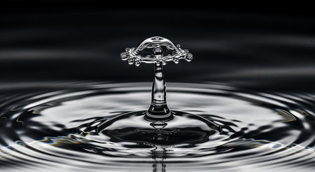 A stunning macro photograph captures the precise moment two water drops collide, creating a delicate, crown-like splash with intricate details and radiating ripples.の素材