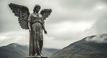 A weathered stone angel statue, with intricate wings and flowing robes, gazes solemnly over a dramatic, mist-shrouded Scottish Highland landscape.の素材