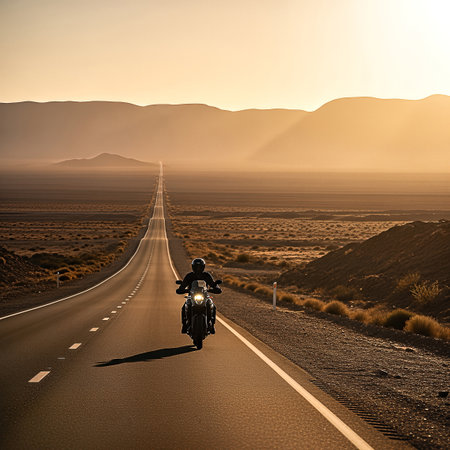 A lone motorcyclist rides down a seemingly endless desert highway at sunset. The warm golden light bathes the scene, highlighting the road, the rider, and the distant mountains. The composition emphasizes the vastness of the landscape and the feeling of freedom.の素材