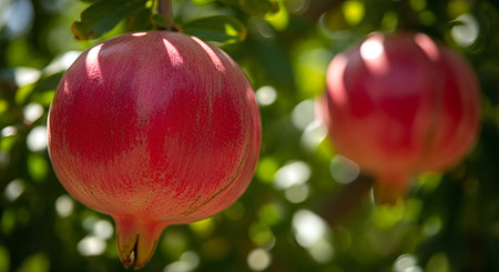 Close-up of a vibrant, ripe red pomegranate on a tree branch, bathed in dappled sunlight, with a soft, blurred green foliage background.の素材