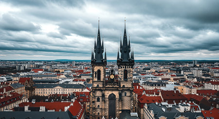 Aerial view of Prague's iconic TÃ½n Church, with its twin Gothic spires, standing majestically above the historic Old Town's red rooftops under a dramatic, cloudy sky.の素材