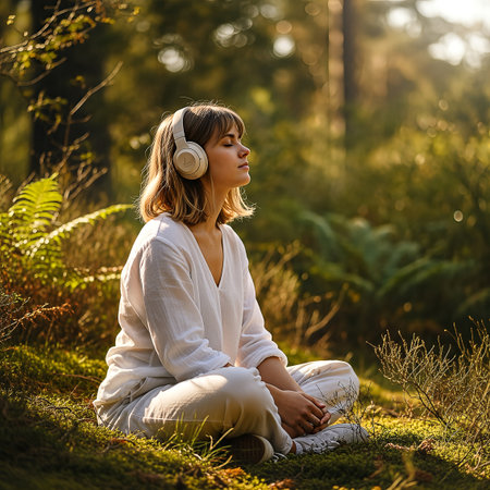 A serene young woman in white meditates with headphones on a mossy forest floor, bathed in warm golden sunlight, finding peace and mindfulness.の素材