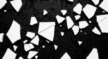 A dramatic top-down view of sharp, white ceramic shards scattered across a dark, wet, textured surface. High-contrast monochrome creates a stark, abstract composition.の素材