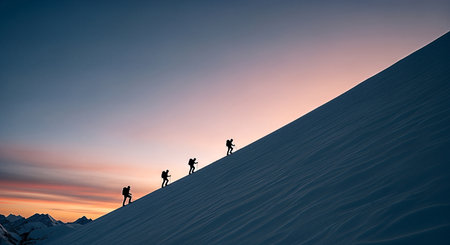 Four silhouetted hikers ascend a steep, snow-covered mountain slope at sunset. The sky is a blend of blue and pink, creating a serene yet challenging atmosphere.の素材