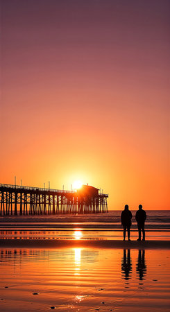 Two figures stand silhouetted on a beach at sunset, reflecting in the wet sand. A pier stretches into the ocean, the sun setting behind it, creating a golden glow.の素材