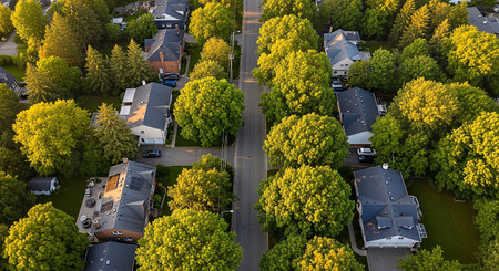 An aerial, top-down view of a peaceful suburban street during golden hour. Lush green trees glow with sunlight, framing residential houses and driveways, highlighting serene community life.の素材