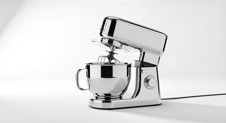 A gleaming, chrome stand mixer is isolated against a clean white backdrop. The mixer's head is raised, revealing the whisk attachment and bowl. The lighting highlights the polished surfaces and creates strong reflections. The composition is clean and modern.の素材