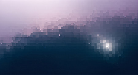 A pixelated landscape depicts a gradient sky transitioning from soft pink to deep blue. A bright sun-like element shines through the pixelated clouds. The composition evokes a sense of depth and mystery. The pixelated style adds a unique, digital aesthetic.の素材