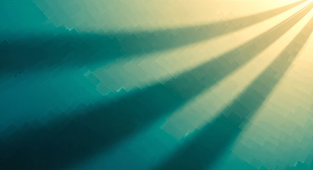 Abstract geometric background featuring teal and yellow hues with light rays streaking across the frame, creating a dynamic and modern design.の素材